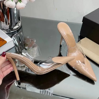 Elegant Pointed Toe Transparent PVC Heart High Heels Mules Slipper Shoes Women 2025 Black White Red Shoes Luxury Designer Pumps
