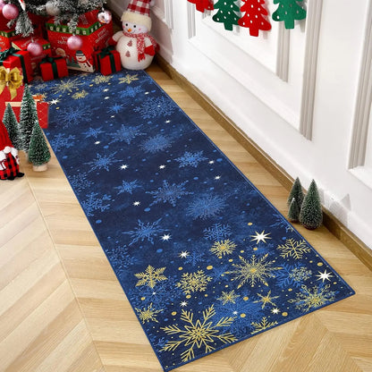 Garvee 2x6inch Christmas Washable Area Rug Non-Slip Area Rugs Soft Soft Fabric Blue Carpet with Snowflake Design for Holiday Home Decor Low Pile, Durable, Pet Friendly