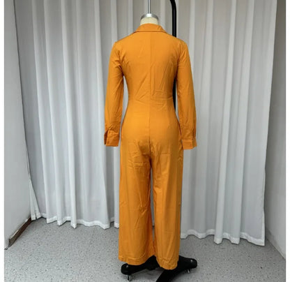 Jumpsuit Women 2024 Autumn Commuting Fashion Turn-Down Collar Long Sleeve Pocket Design Casual Jumpsuits New Female One Pieces