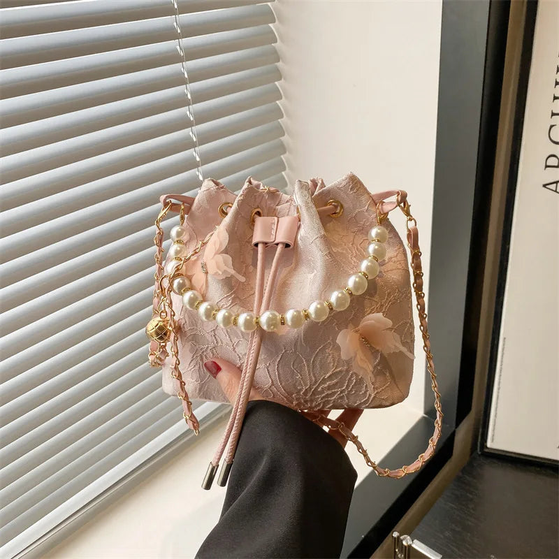 Sweet Butterfly Women Drawstring Bucket Shoulder Bags Versatile Ladies Crossbody Bag Clutch Fashion Girls Pearl Chain Handbags