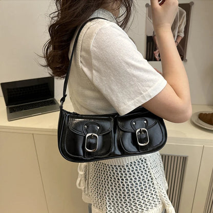 Fashion Pu Leather Women's Shoulder Bag Small Double Pocket Design Ladies Underarm Bags Y2k Vintage Female Handbags Clutch Purse