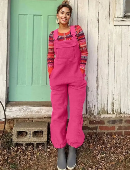 Women Fleece Warm Overalls Loose Casual Jumpsuits One-Piece Bibs Adjustable Suspender Straps Winter Fuzzy Soft Comfy Ski Pants