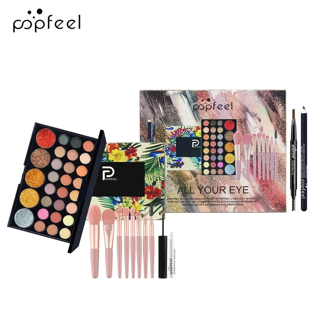 Essential Eye Makeup Set for Beginners Matte&Shimmer Eyeshadow Palette, Mascara, Eyebrow Pencil, Lip Eyeliner,Brush Tool Set Box
