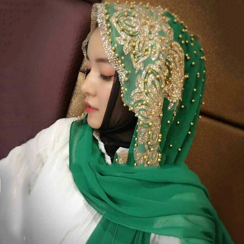 Chiffon Hijab Scarf Muslim Islamic Hijabs Scarves for Woman Long Headwraps with Bead Head Scarf Shawl Wrap Prayer Turbante