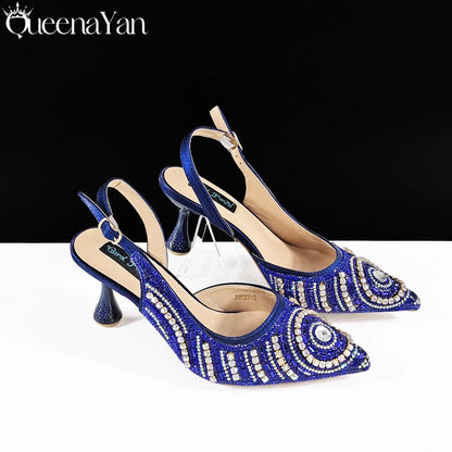 Queena Yan 2026 Elegant Nigerian Women's Royal Blue Only Shoes or with Rhinestone Handbag Set - Italian Design for Weddings