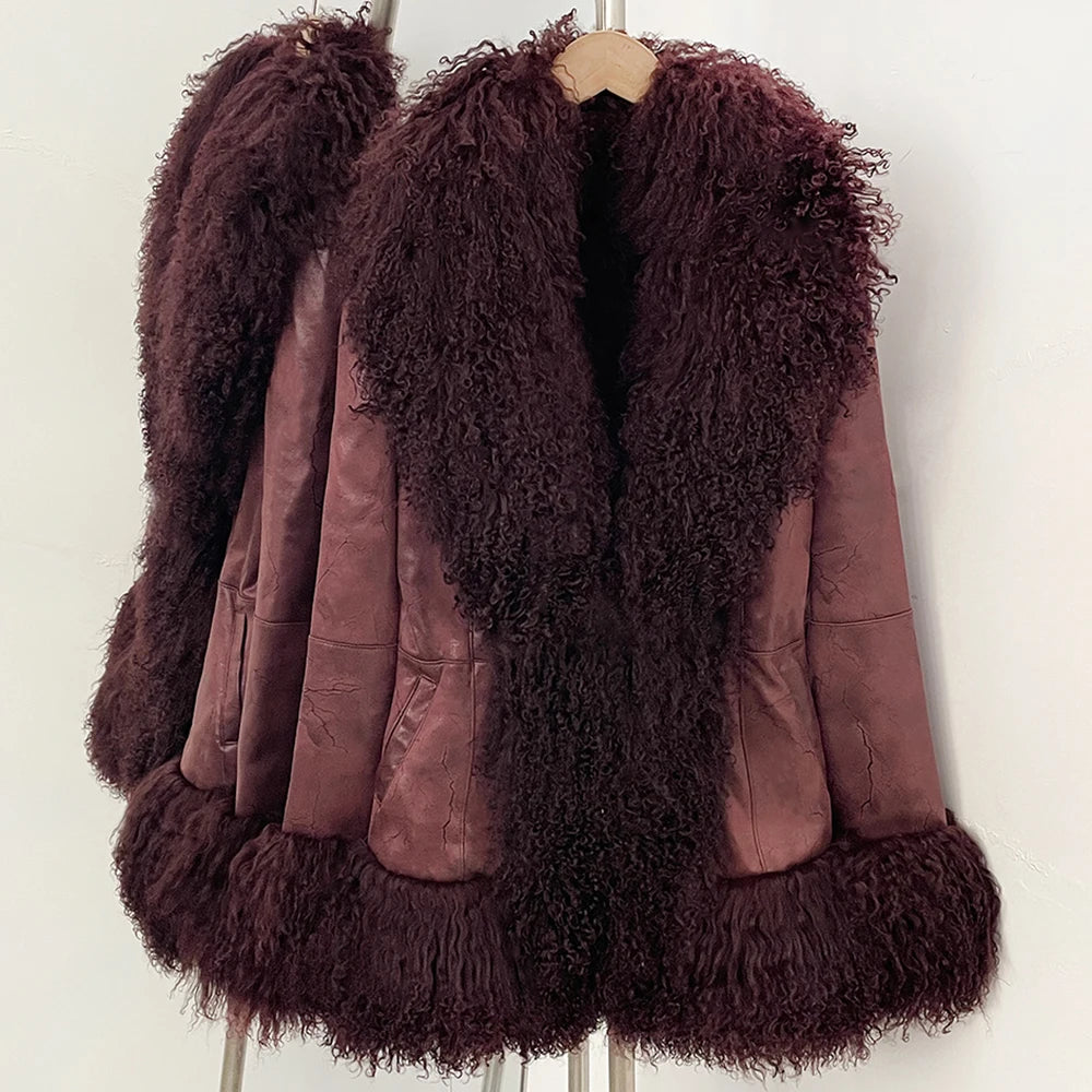 OFTBUY New Winter Warm Curly Mongolia Sheep Fur Jacket Women Vintage Shearling Coat Slim Faux Suede Real Rabbit Fur Clothing