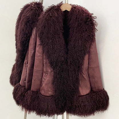 OFTBUY New Winter Warm Curly Mongolia Sheep Fur Jacket Women Vintage Shearling Coat Slim Faux Suede Real Rabbit Fur Clothing