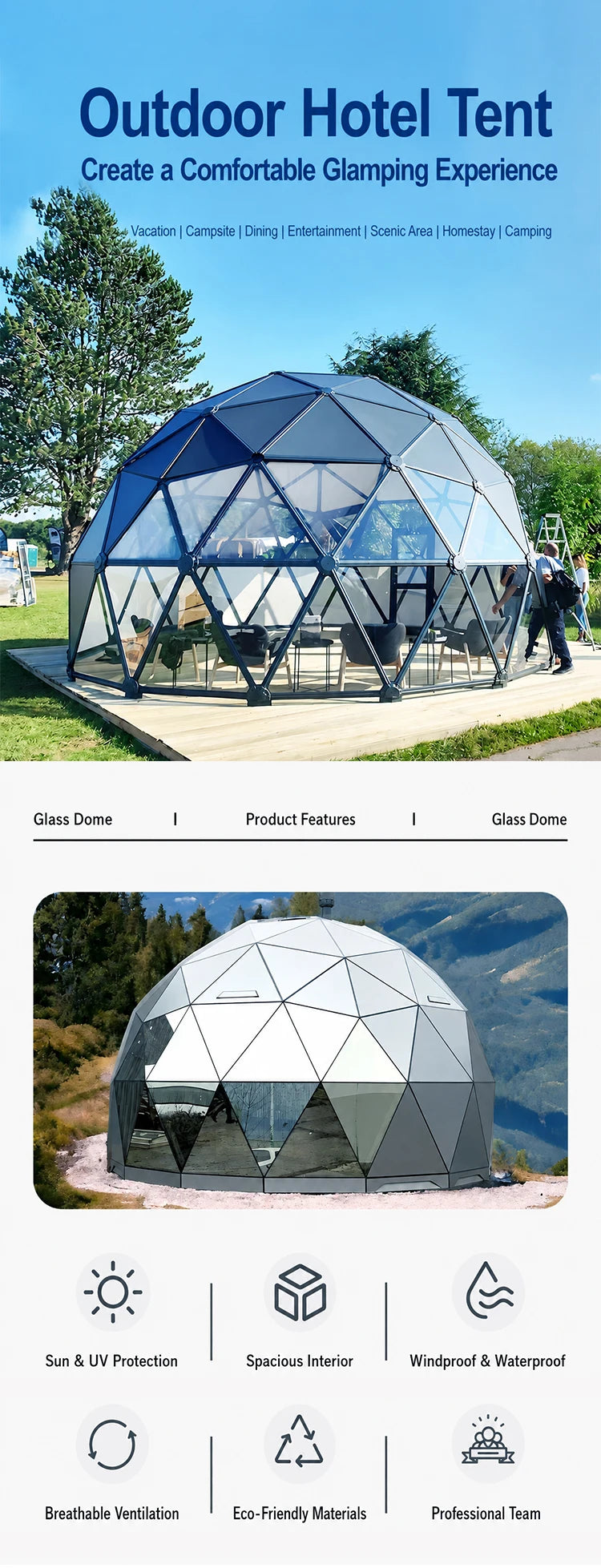 Customized Luxury Glass Dome House Tent Transparent Geodesic Aluminum Frames Four Season Outdoor Hotel Resort Camping