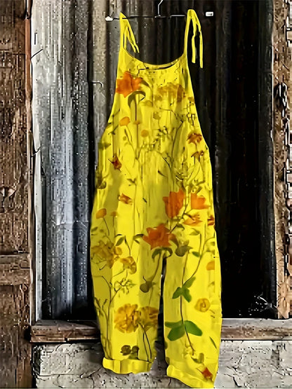New Women's Sling Bodysuit Pants Sleeveless Floral Printed Wide Leg Pants Casual Outdoor Loose Backless Comfortable Breathable