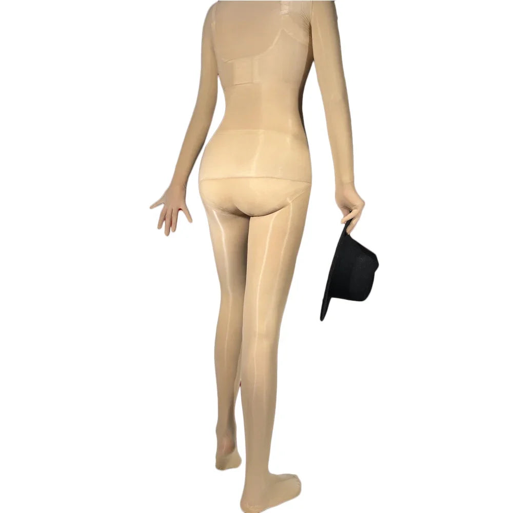Sexy Women Five Fingers Glove Sleeve Bodysuit One Pieces Seamless Silky Oil Shiny Glossy Tights Pantyhose Yoga Shaping Jumpsuits