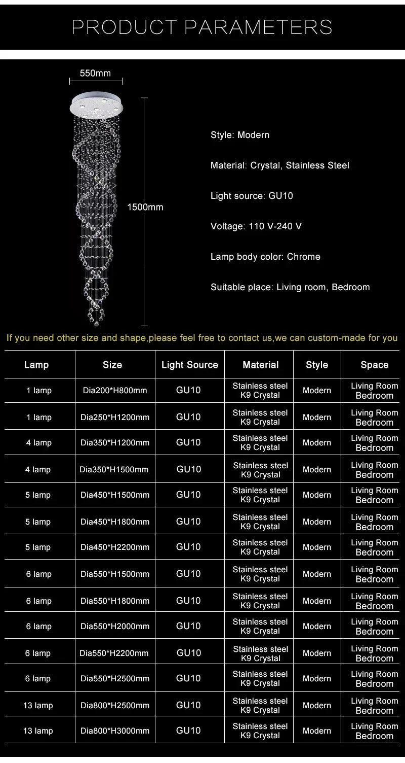 Spiral Crystal LED Ceiling Chandelier Light Bedroom Hall Living Room Suspension Lustre Corridor Staircase Hanging Lamp Fixture