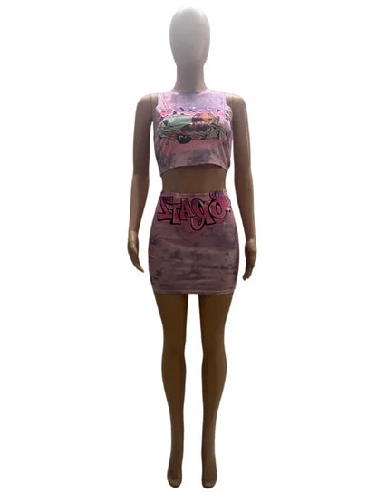 Sexy Y2K 2 Piece Skirt Sets Clothes Outfit 2023 Streetwear Fashion Dress Summer Crop Graphic T Shirts Top Women Two Piece Set