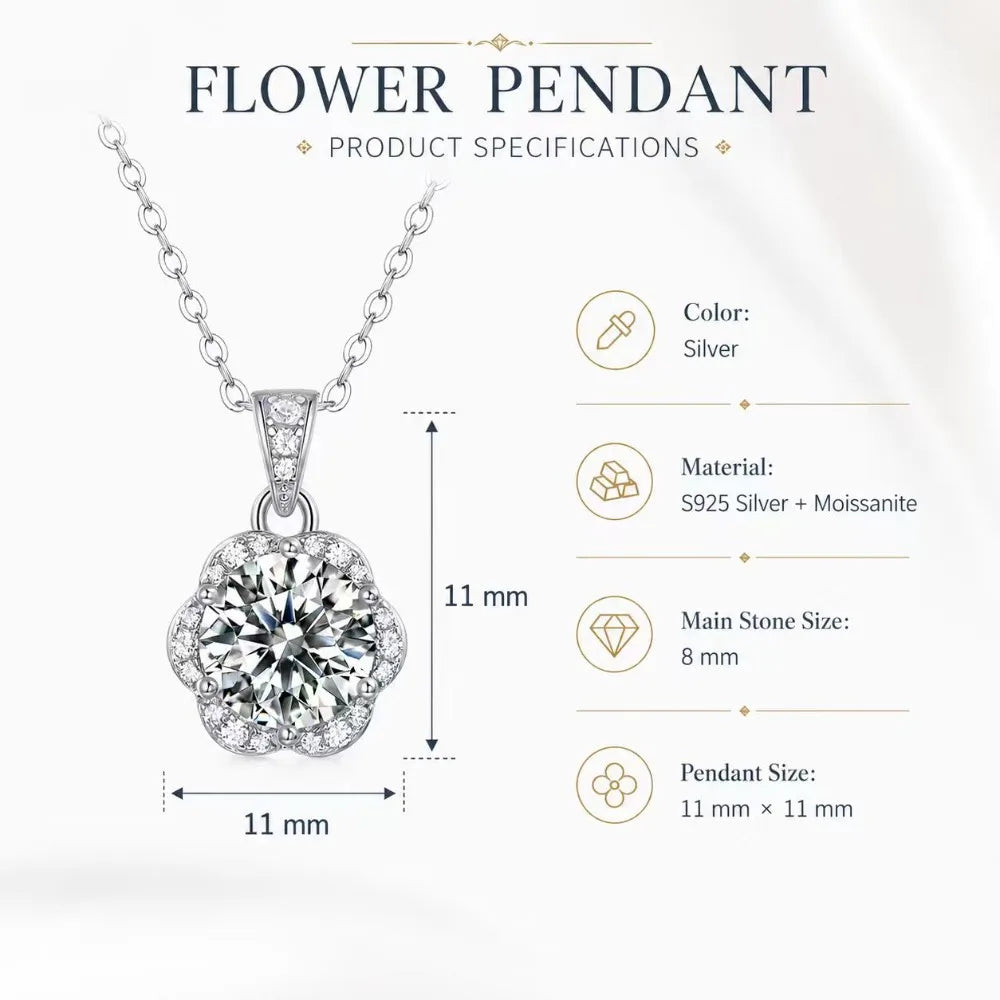 S925 Silver Moissanite Pendant Necklace 2CT Round Cut Flower Halo Design for Women Bridal Party Birthday Jewelry Gift