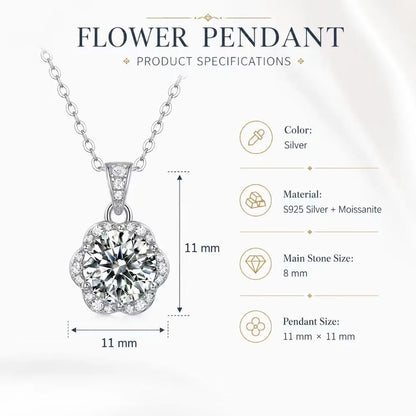 S925 Silver Moissanite Pendant Necklace 2CT Round Cut Flower Halo Design for Women Bridal Party Birthday Jewelry Gift