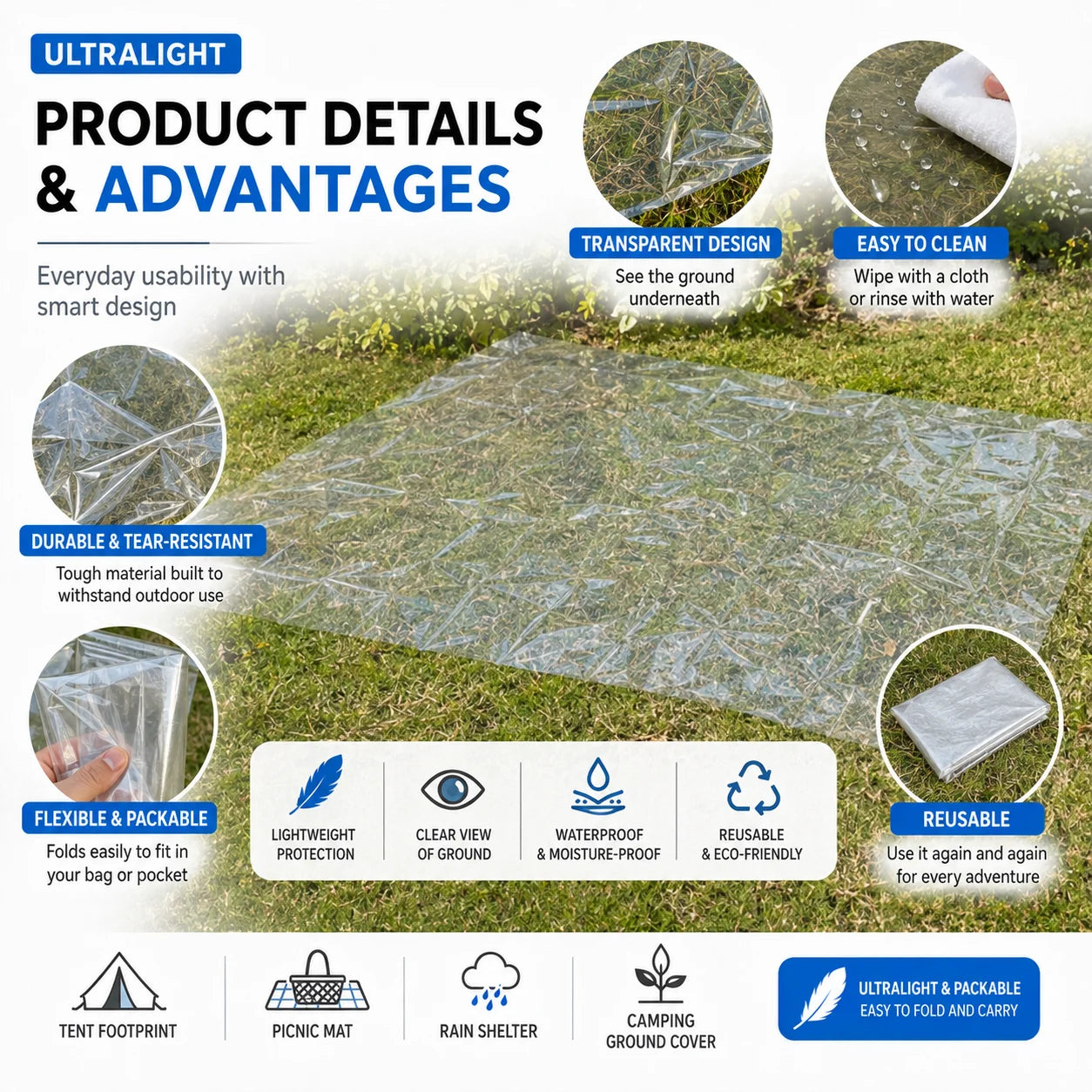 Four Season Ultralight Transparent Tent Groundsheet Waterproof Moisture Proof Camping Footprint Foldable Reusable Outdoor Tarp