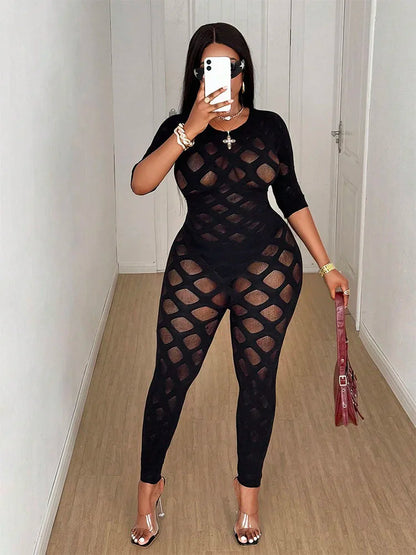 Women's Plus Size Sexy Jumpsuit See Through Sheer Mesh Bodycon High Waist Stretchy Web Pattern Slim Fit Jumpsuit for Club Party
