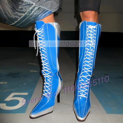 Blue Patent Leather Knee High Boots Women Stylish Pointy Toe Cross Tied High Heels Dress Shoes Ladies Hollow Out Cool Tall Boots