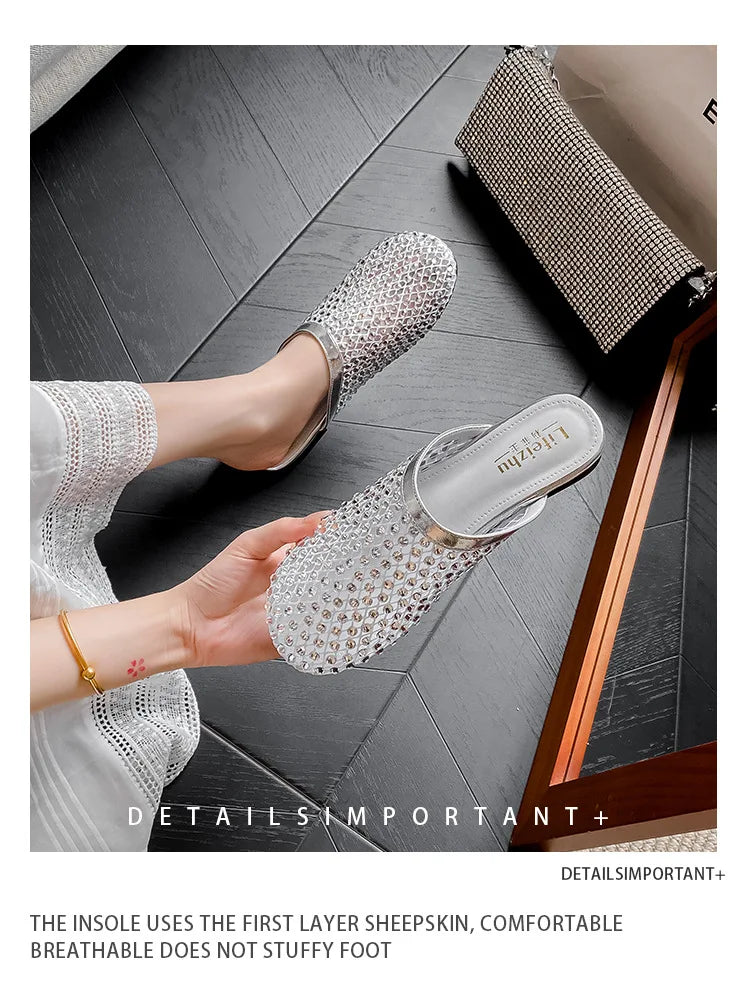 Summer Shoes for Women Slippers Luxury Rhinestone Rivets Casual Sandals Mesh Slip-on Loafers