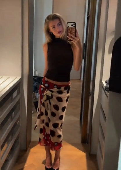 Bohemian Polka Dot Wrap Midi Skirt Women Chic Irregular Hem Layered Chiffon High Waist Skirt Summer Party Vacation Beachwear