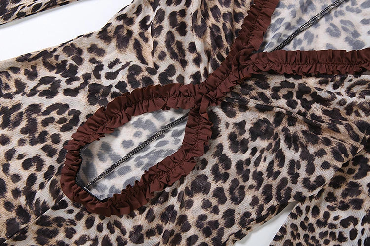 Weird Puss Leopard Print Romper Women See Through Sexy Hollow Deep v-Neck Ruffles Full Sleeve Clubwear Coquette Slim Playsuit