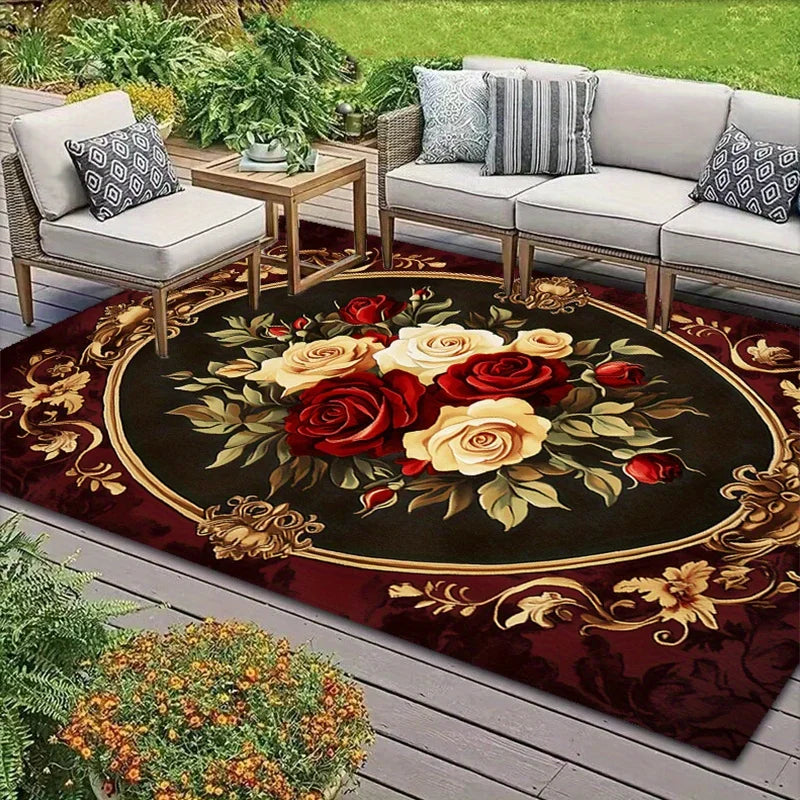 Retro Floral Area Rug Luxury Red White Rose Design Floor Mat for Entryway Bedroom Living Room Non-Patchwork Large Size Carpet