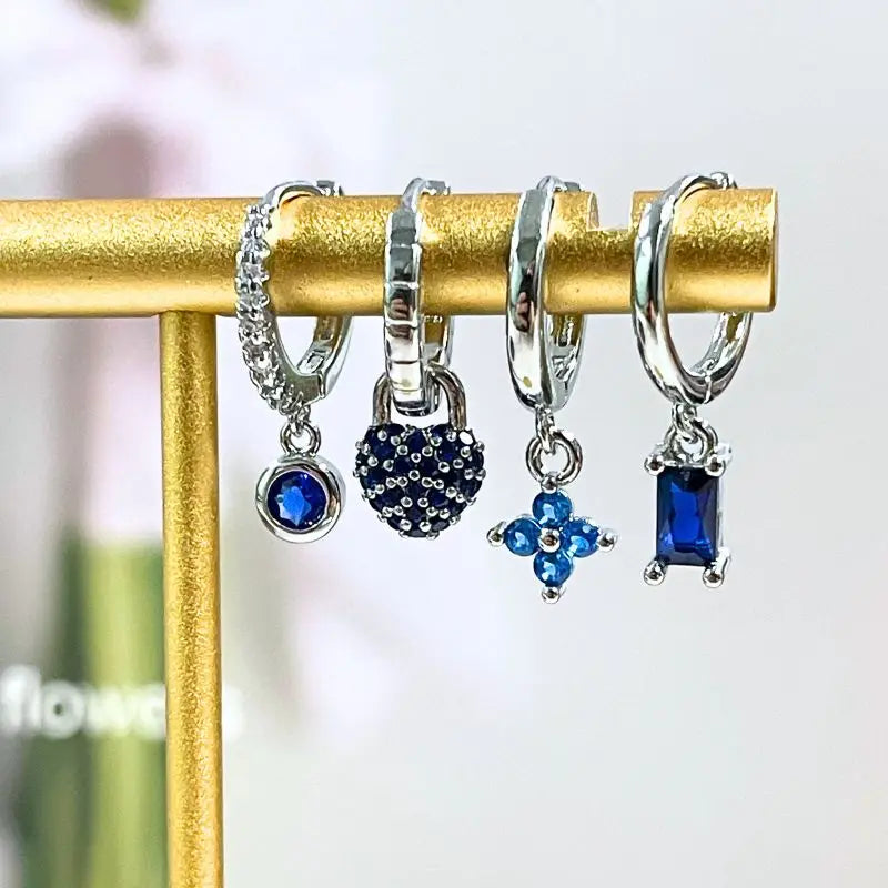 925 Sterling Silver Needle Dark Blue Crystal Silver Earrings Women's Exquisite Heart Blue Pendant Hoop Earrings Luxury Jewelry