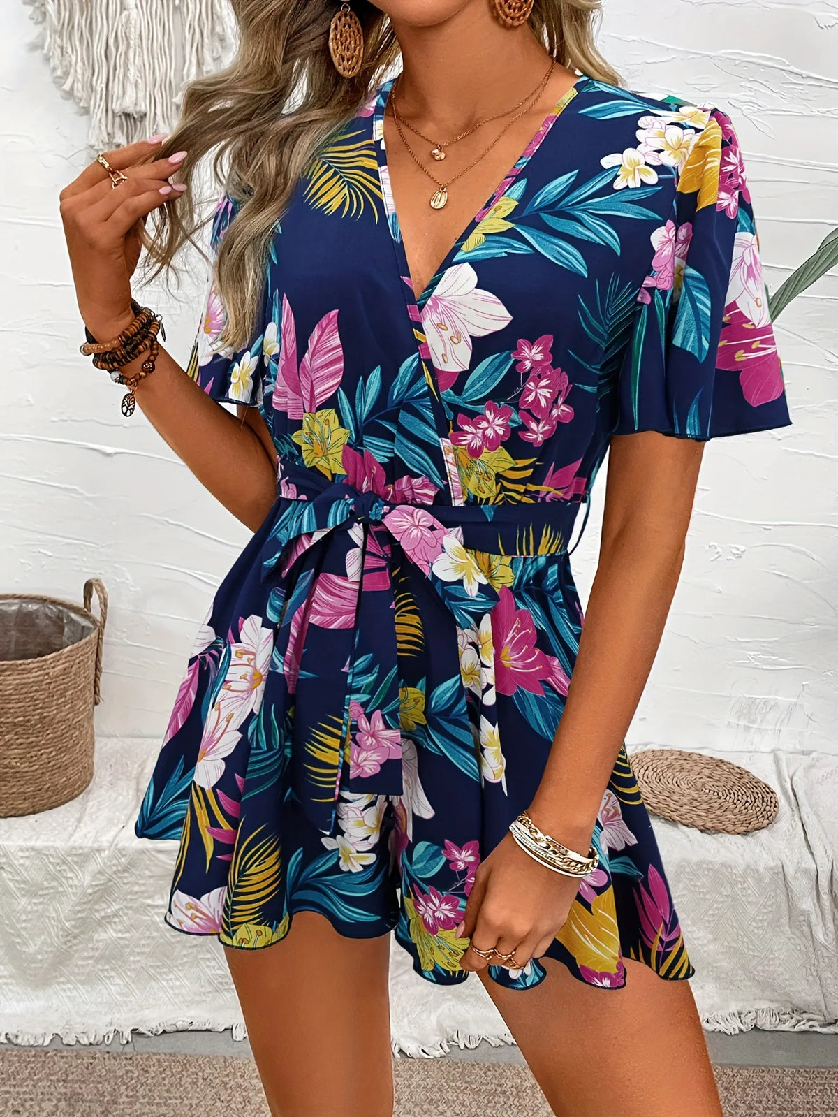 Bohemian Floral Print Short Jumpsuits For Women Summer Short Sleeve Wide Legs One Pieces Elegant 2025 Beach Wear Casual Outfit