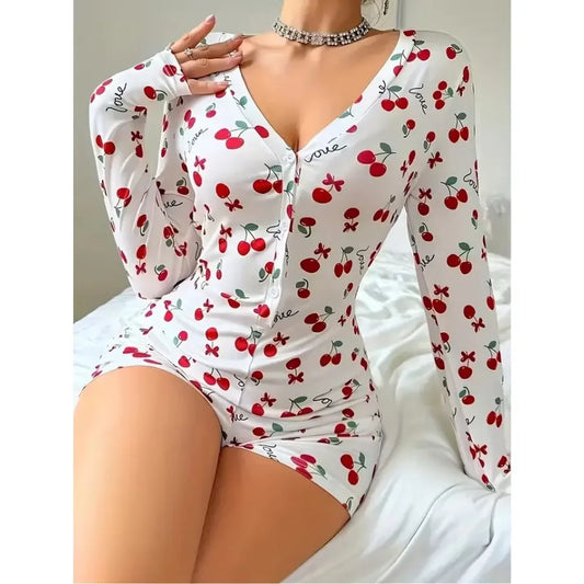 Summer Pajamas Onesies Women's Sexy Bodysuit Casual Cherry Print V-neck Front Button Long Sleeve Slim Fit Jumpsuit Sleepwear