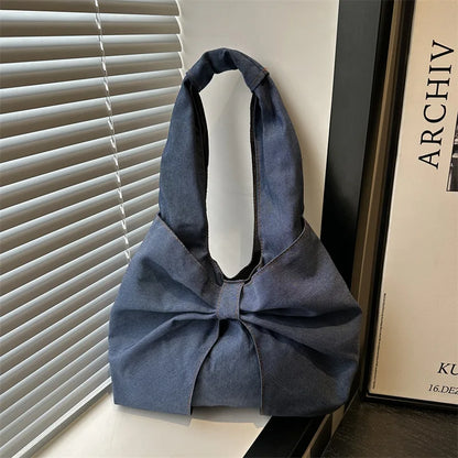 Sweet Bowknot Design Women's Denim Shoulder Bags Commuter Thread Ladies Handbags Casual Lightweight Female Underarm Tote Bag