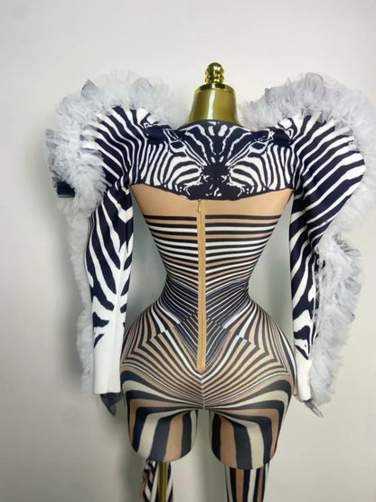 Women Long Sleeve Zebra Stripes Bodycon Jumpsuit Two Piece Set Birthday Party Nightclub Stage Performance Halloween Rompers