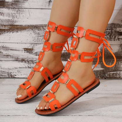 2026 Summer Luxury Round Toe PU Women's Sandals Fashionable Flat Casual Beach Shoes Stylish Metallic Decoration Women's Sandals