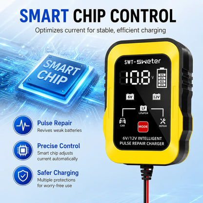 ZNLYRION 2Pcs /pair 6V 12V Smart Car Battery Charger 1.5A Pulse Repair Charger for Lead Acid LiFePO4 Battery Digital Display Auto Motorcycle Battery Maintainer with Alligator Clips Ring Terminal Cables