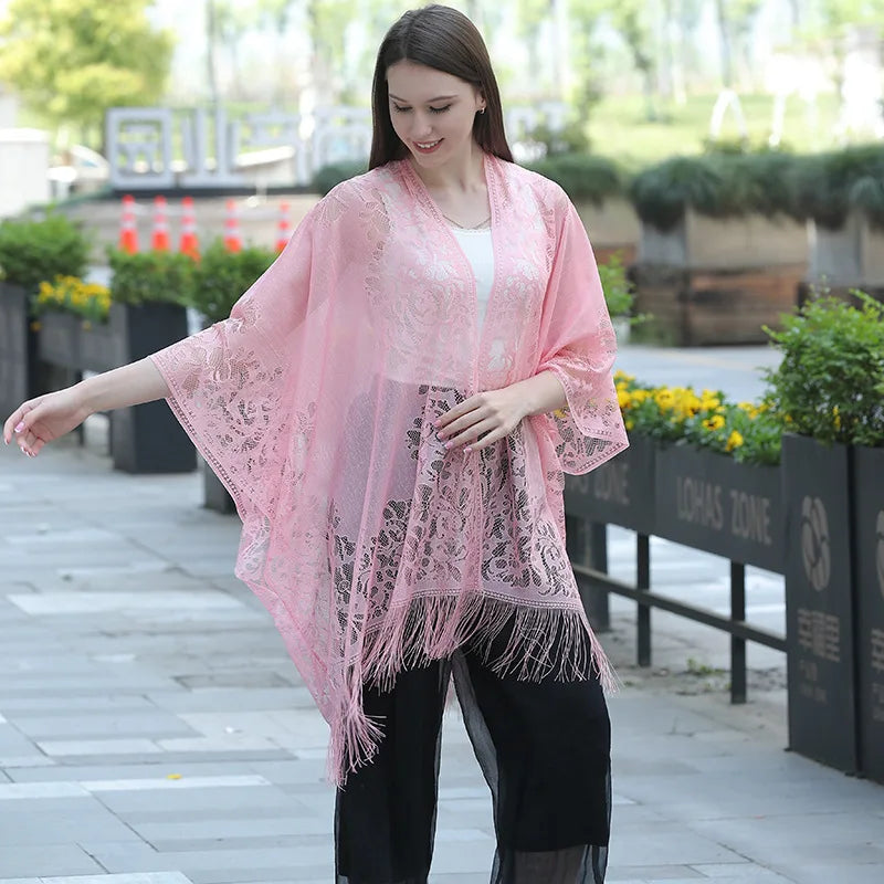 Women Sun Protection Shawl Lady Summer Hollow Out Lace Cardigan Holiday Bikini Blouse Breathable Beach Cape Sexy Long Tippet