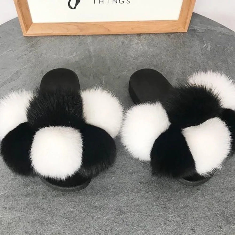 Natural Fox Fur Slippers, Fashionable Outdoor Multi-Color Animal Hair Slippers, Women's Gifts, Soft EVA Sole Slippers, On Trend