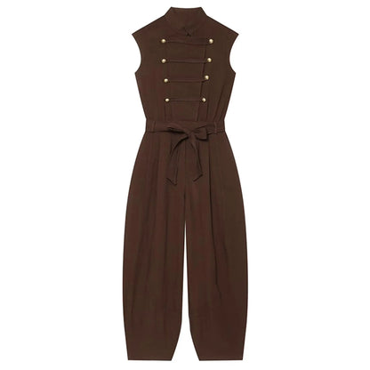 Women Long Jumpsuits 2026 Sleeveless Playsuits Elegant Solid Color Rompers Casual Stand Collar Belt Fashion Commuting Outfit
