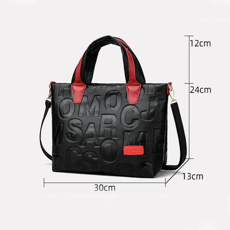 New Women's Large Capacity Contrast Color Handbag PU Leather Letter Embossed Ladies Shoulder Bag Designer Crossbody Bag