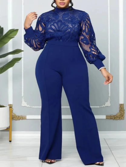 Elegant Women Jumpsuits Classy Hollow Out Lace Panel Long Sleeve Stretch One Piece Wide Leg Jumpsuits Oufits