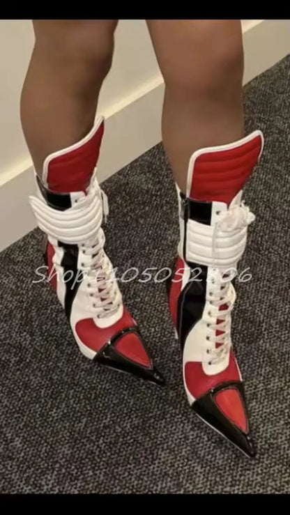 2026 Knee High Woman Boots Sexy Pointed Toe Lace-up Ladies Long Boots Thin Heel Patchwork Leather Motorcycle Boots 44