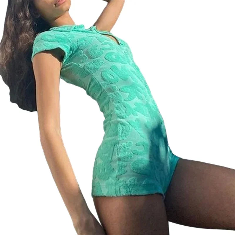 Women Y2K Furry Letter Pattern Button Front Romper Jumpsuit Casual Collared Short Sleeve Bodycon Romper Jumpsuit Pjs Sleepwear