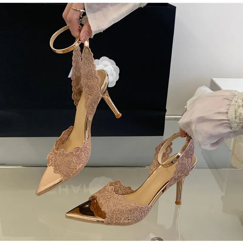 Luxury Lace Embroidery Ankle Strap Buckle Women Gladiator Sandals Elegant Thin High heels Summer Fashion Party Wedding Shoes