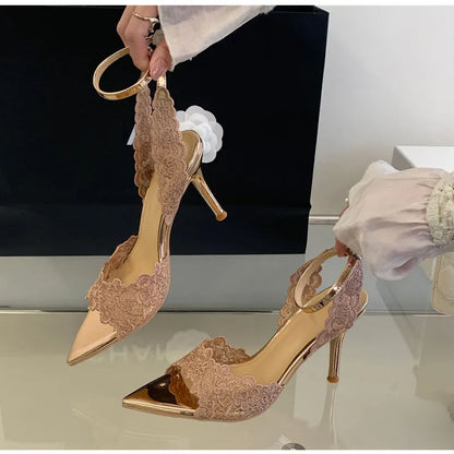 Luxury Lace Embroidery Ankle Strap Buckle Women Gladiator Sandals Elegant Thin High heels Summer Fashion Party Wedding Shoes