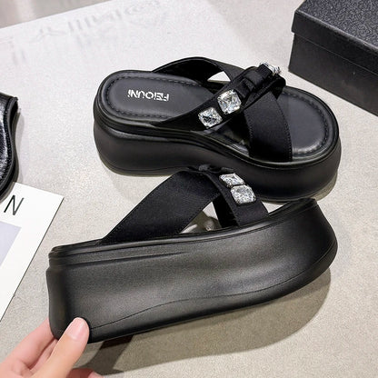 Summer Women's Luxury Rhinestone Bow Platform Wedge Slides Sandals Height Increasing Cross Open Toe Casual Beach Slippers Shoes