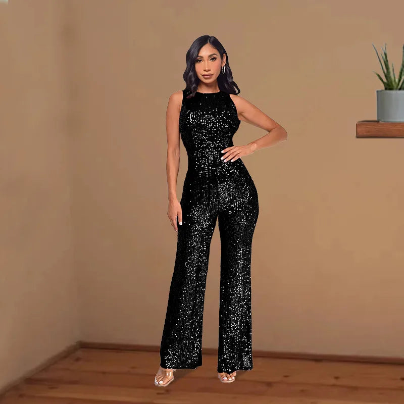 Bling Bling Sequined Club Jumpsuit Sexy Women O-neck Elegant Shiny Sliver Gold Sequins Straight Romper Overalls