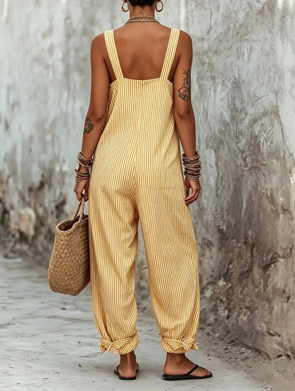 Women Print Striped Jumpsuits Sleeveless Square Neck Spliced Pocket Wide Leg Pants Casual One Piece Rompers Tank Summer 2026