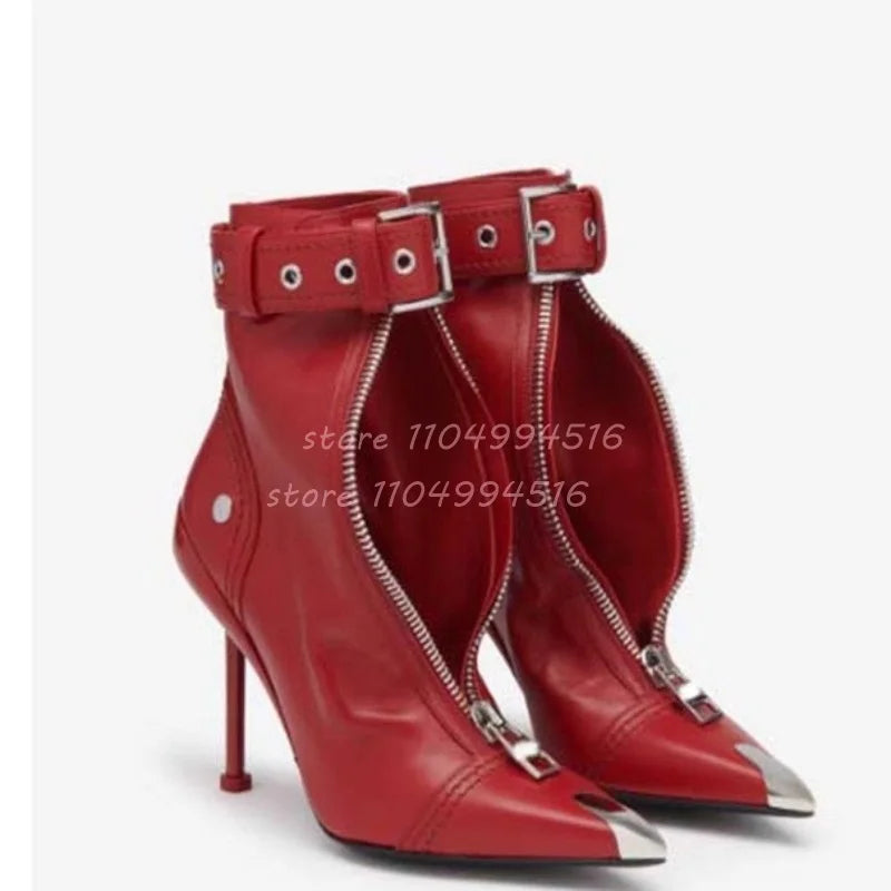 Red Metal Decor Front Zipper Pointed Short Boots Women Patchwork Belt Buckle Ankle Boots Fashion Trendy Party Lady Stiletto Shoe
