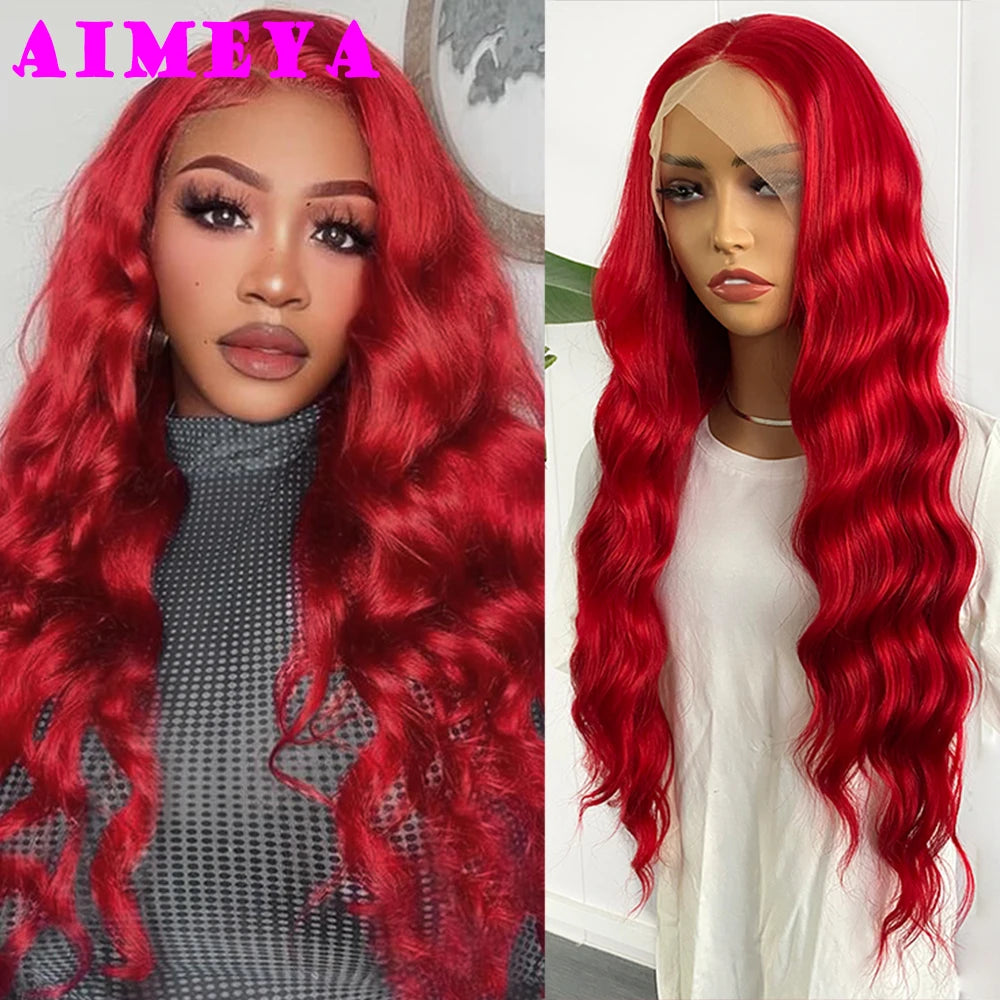 AIMEYA  Red Long Wig Natural Hairline Loose Wave Lace Front Wig for Women Daily Use Heat Resistant Synthetic Hair Blue Purple