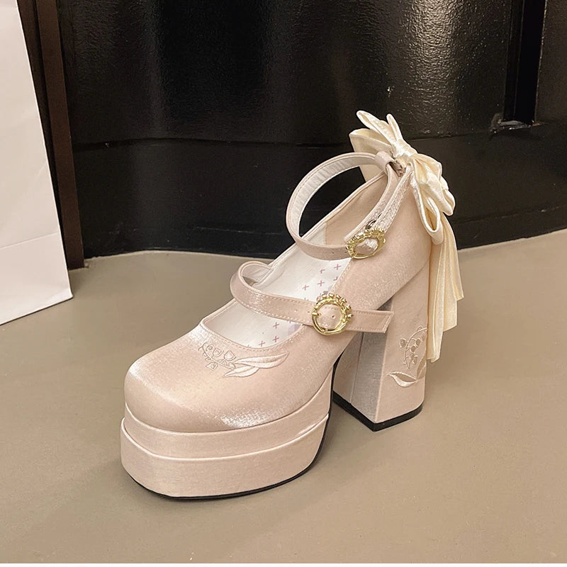 Summer Platform High Heel Women Lolita Mary Jane Shoes Fashion Butterfly-knot Stripper Party Dress Pumps Shoes