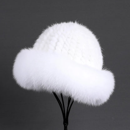 Women's Winter Warm Genuine Premuim Mink Fur Knitted Bucket Hat Furry Real Fur Caps Big Fox Fur Trim Brim Adjustable