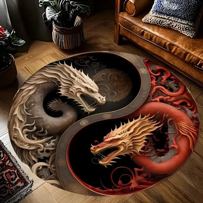 Dragon Yin Yang Mat for Decor, Harmony Design Flannel Carpet, Non-Slip Round Rug for Bedroom Study Living Room Meditation Space