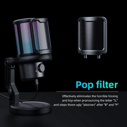 USB Microphone for PC Condenser Podcast Mic for Studio Recording with Headphone Jack, Led, Noise Cancellation Gaming Microphone